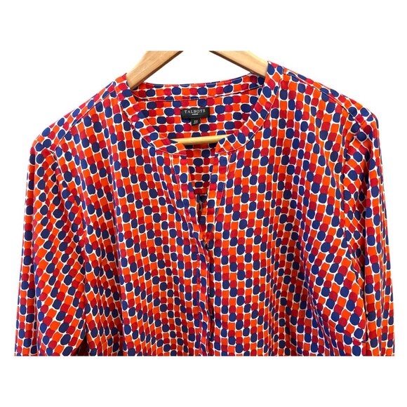 Talbots Geometric Red Blue Print Long Sleeve Button Blouse Classic Chic Top 2X - Picture 2 of 7